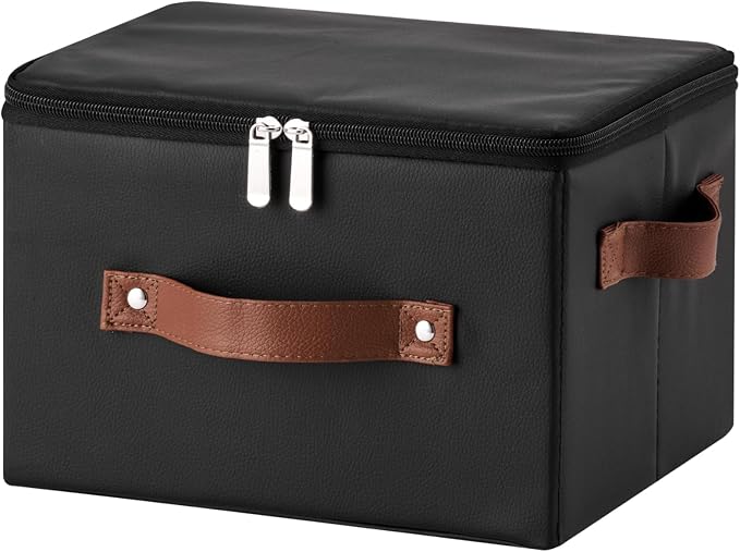 Storage Bins with Zipper Lid PU leather Storage Boxes Leather Fabric Collapsible Lidded Baskets Cube with Handle Decorative Shelves Closet Office Organizer Container(Black, Small Size)