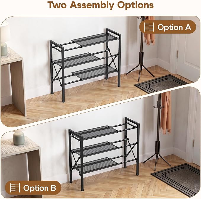 YEASHEIN 3-Tier Expandable Shoe Rack Organizer with Wire Mesh Shelf - Black | Sturdy Metal Shoe Shelf with 4-Tier Storage, Adjustable Shoe Stand, Free Standing Shoe Rack for Closet, Entryway, Garage