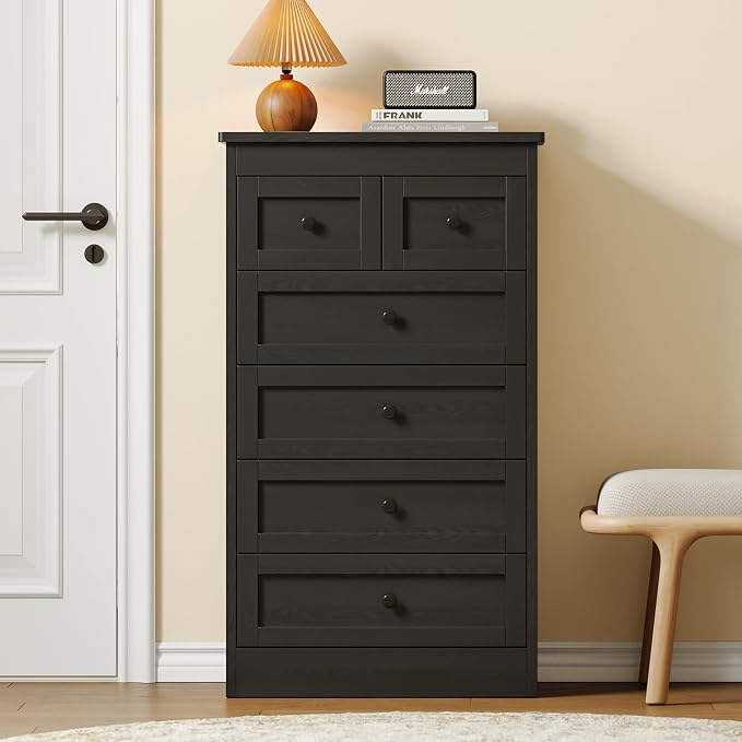 wanan Tall 6 Drawer Dresser for Bedroom, Black Modern 43.3'' Tall Wood Chest of Drawers, Storage Organizer with Smooth Metal Rails & Anti-Tip Kit for Closet, Hallway, Living Room