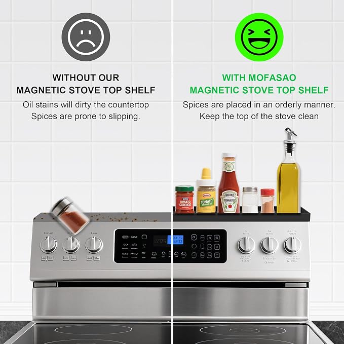 Mofason Silicone Magnetic Stove Top Shelf - 30 Inch Spice Rack Black | Kitchen over stove oven shelf, non-slip above stovetop tray for back of stove; magnetic spice rack organizer, oven top shelf