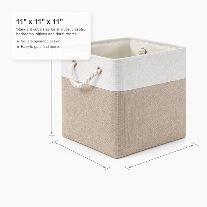 11x11 Inch Cube Storage Bins, 8 Pack Collapsible Fabric Storage Cubes with Rope Handles, Waterproof Foldable Storage Baskets for Cube Shelves, Closet, Clothes, Toys, Books, White & Beige