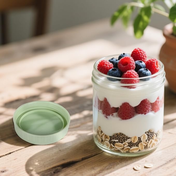 SHOWIN Overnight Oats Containers with Lids, 16oz Glass Jars with Lids 8 pcs, Light Green, Wide Mouth Mason jars for Salad, Yogurt, Snacks, Meal Prep