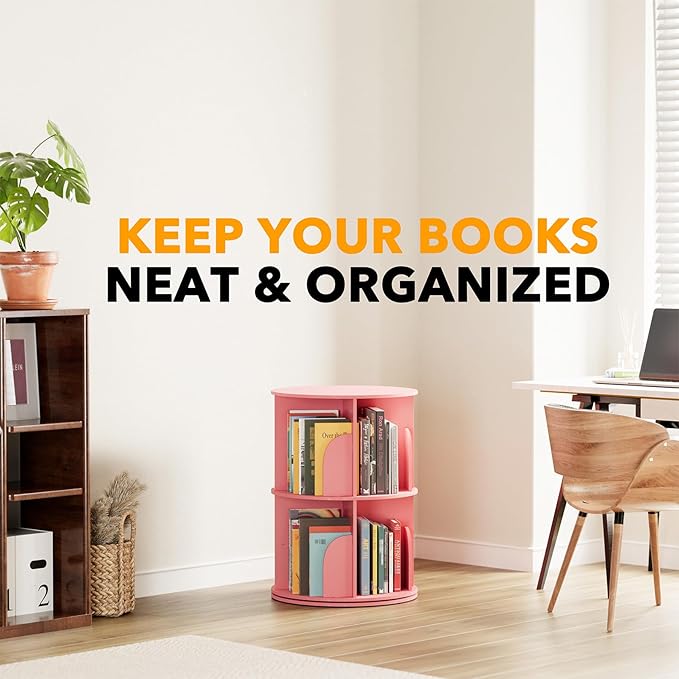 SpaceAid 2 Tier Rotating Bookshelf Tower, Spinning Bookcase Lazy Susan, Revolving 360 Book Shelf Storage Round Carousel, Vertical Rotate Turning Spiral Corner Organizer, Pink