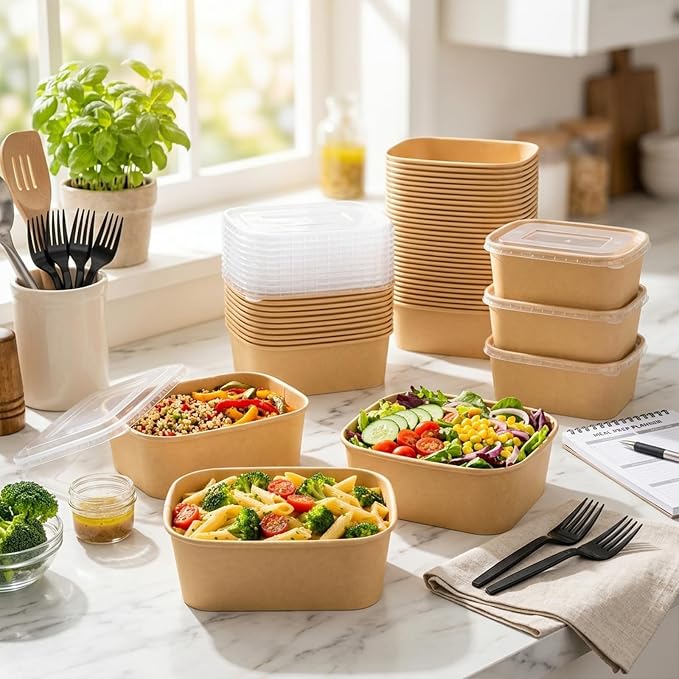 50 Pack 29oz Disposable Kraft Paper Bowls with Lids and Forks, Leak Resistant Meal Prep Containers, Microwave & Freezer Safe for Weekly Lunch Prep, Leftovers, Takeout and Party