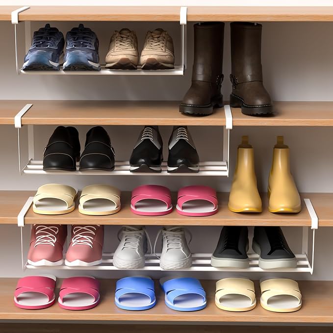 CroBlissful 3 Pcs Expandable Shoe Rack Organizer for Closet 16.5-31.5 Inch Adjustable Retractable Hanging Cabinet Shoe Shelf Dorm Room Storage for Space Saving (White)