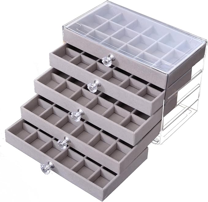 SPAKOWN Earring Box Holder Organizer Display Case | Clear Velvet Jewelry Storage Tray Organizer for Earring Ring Stud (Grey - 5 Drawers)