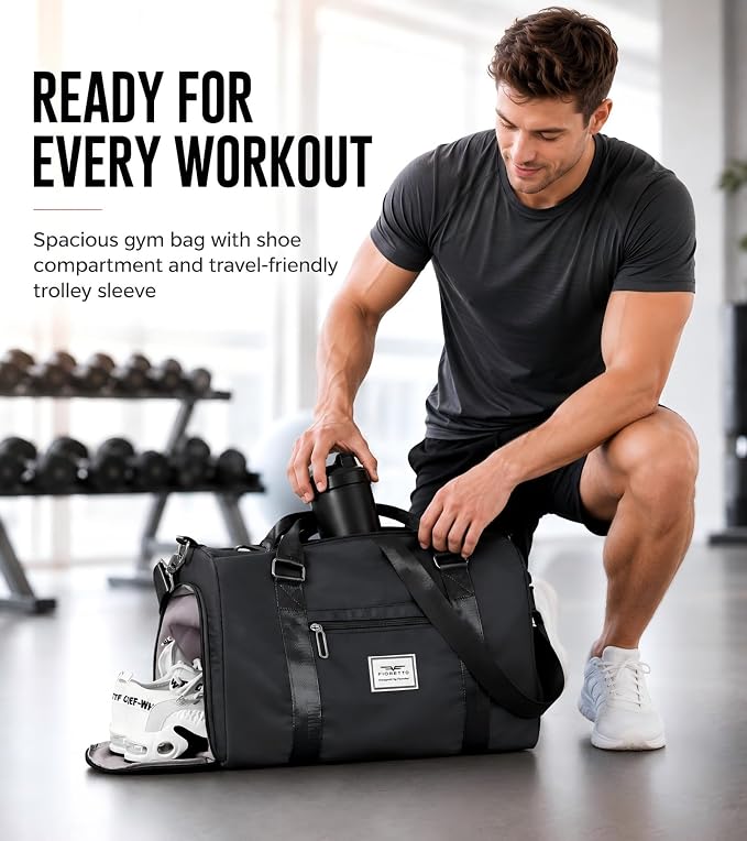 FIORETTO Womens Gym Tote Duffle Bag with Wet Pocket & Shoe Compartment, Sports Duffel Overnight Weekender Hospital Workout Carry on Bag for Girls, Ideal for Travel, Swimming, Dance, Ballet Black