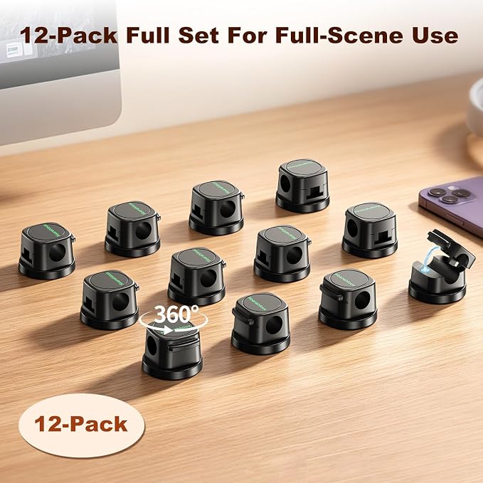 Magnetic Cable Clips 12 Pack, 360° Rotatable Self-Adhesive Cord Holder with One-Hand Open Lid, Cable Management for Nightstand Desk Car Phone Charger