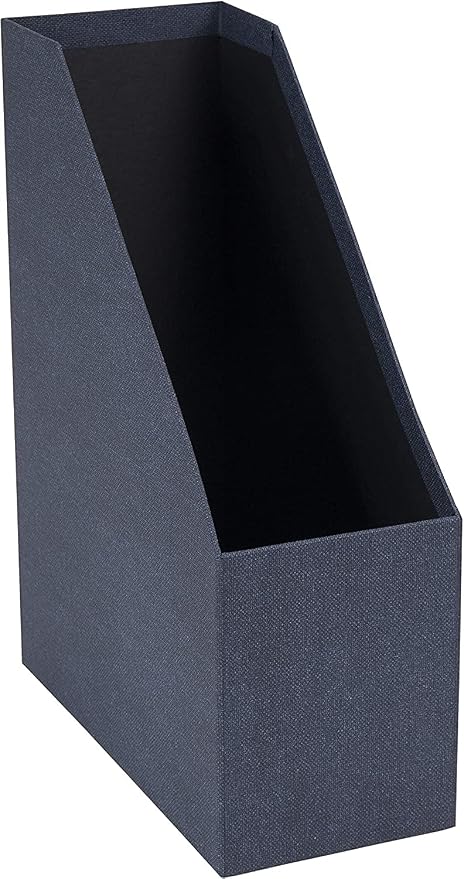 Bigso Box of Sweden Estelle Canvas Fiberboard Upright Magazine Holder and Organizer for Papers and Catalogs with Leather Handle - Magazine File Holder for Office Desks - 12.6in x 4.5in x 9.8in - Blue