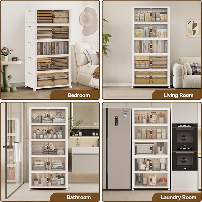 SAILUN 666QT/166Gal Stackable Storage Bins with a Lid, Collapsible Storage Bins With Doors, Folding Cabinet for Home Closet Organization,5 Pack-28 W x 18" D x 76.4" H White