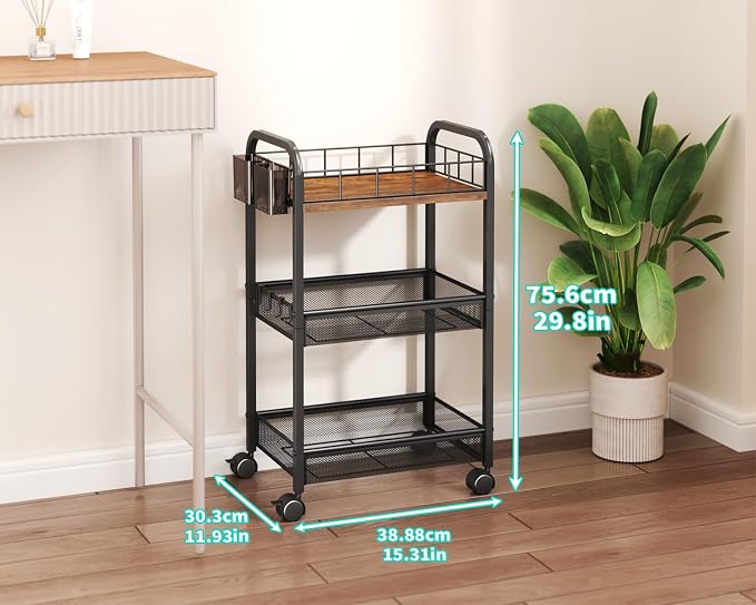 HapiRm 3 Tier Rolling Cart - Metal Utility Cart with Locking Wheels | Rolling Storage Cart Organizer with 2 Hanging Cup, 4 Hooks, Mesh Basket, Space-saver for Kitchen, Craft Art, Office, Bathroom