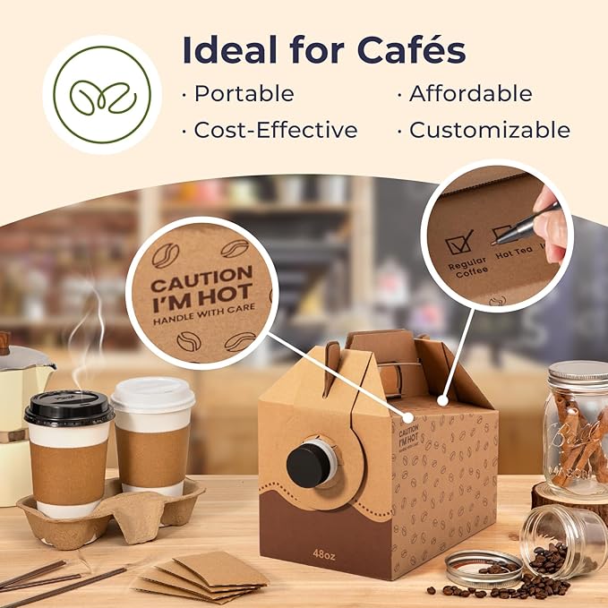 Fit Meal Prep 5 Pack 48 oz Disposable Coffee Dispensers with Handle, Insulated to Go Storage Containers, Portable Coffee Box Cold Hot Drink Dispenser Bulk for Party, Catering, Office, Take Out