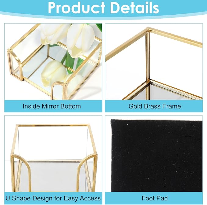 2-Pack Golden Glass Sticky Note Holder for Desk, Stick Note Holder Dispenser Organizer with Non-Slip Pads, 3.54x3.54x1.96 Inch Clear Memo Pad Holders for Office Supplies & Home Decor