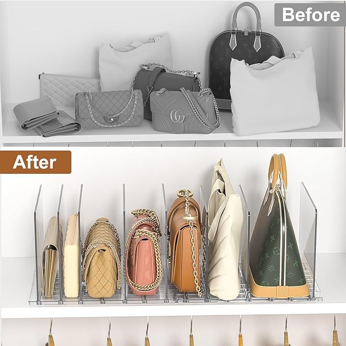 GoMaihe Bag & Purse Organizer for Closet: Adjustable Clear Handbag Storage Shelf - Plastic Clutch Dividers | Minimal | Keep Purses upright