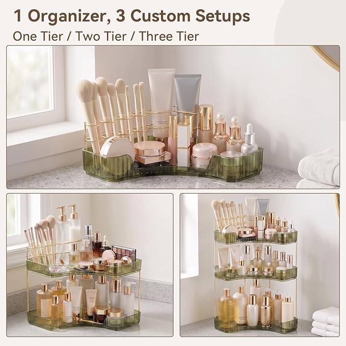 3-Tier Corner Bathroom Counter Organizer with Makeup Brush Holder, Green | Large Makeup Organizers for Vanity, Corner Bathroom Countertop Organizer for Cosmetic Perfume Skincare Storage