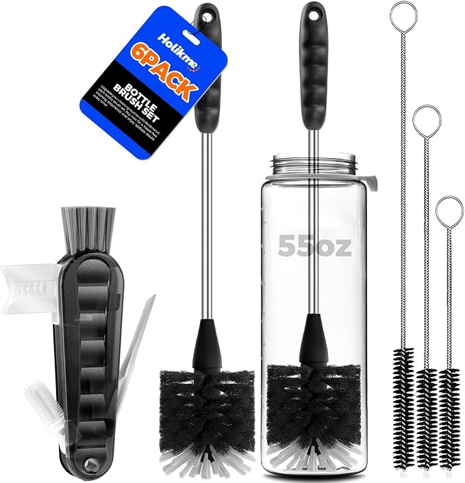 Holikme 6 Pack Bottle Brush 14" Stainless Steel Straw Cleaner Brush,Black | Bottle Cleaner Brush, 3 Straw, Bottle Cleaning Brush for Water Bottle, Baby Bottle Brush, Antistatic Brushes