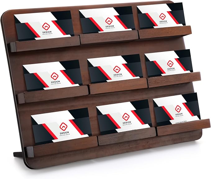 Leinuosen 3 Tier Wood Multiple Business Card Holder Desktop 9 Slot Business Card Holder for Desk Gift Postcard Display Rack Pamphlet Display Stand for Office Meeting Home (9.45 x 12.99 Inch)