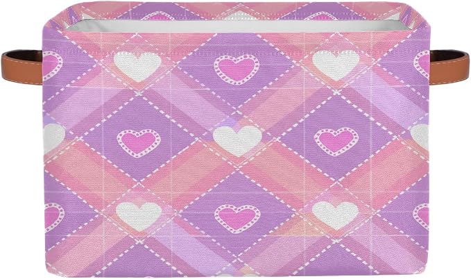Rectangular Storage Baskets Pink Heart Diamond Fabric Storage Bin Toy Organizer Box with PU Leather Handles for Room Decor