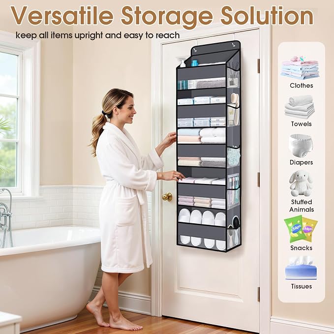 WISELIFE Over the Door Organizer Storage with 5 Large Pockets and Clear Windows, Hanging Organizer for Nursery Bedroom Bathroom Pantry Closet and Baby Essentials, Dark Grey