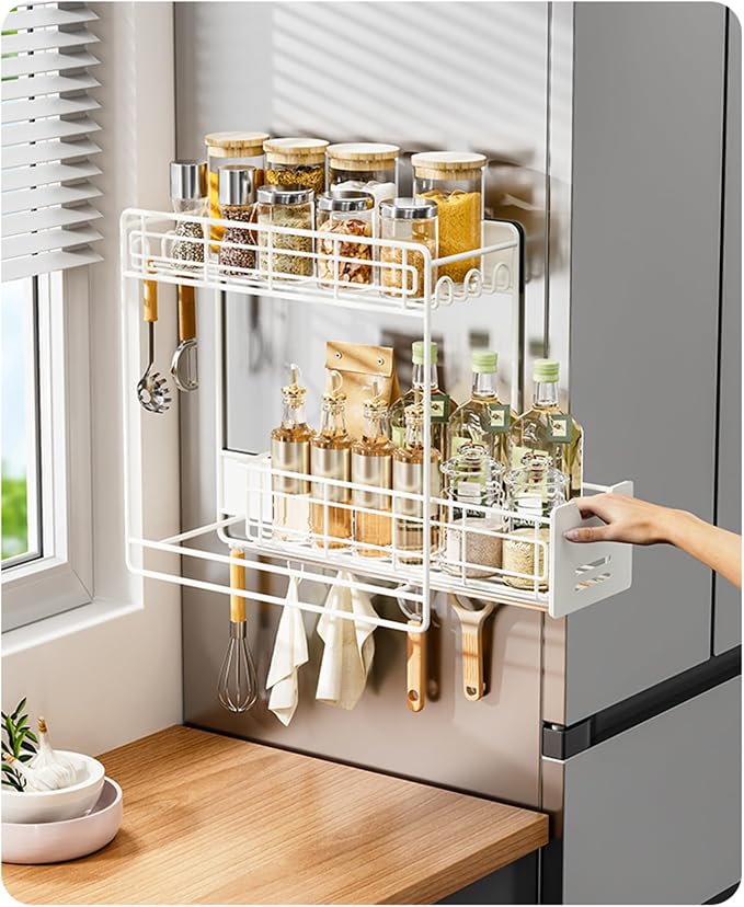 Magnetic Shelves for Fridge with Sliding Shelf, White Magnetic Spice Rack for Refrigerator, Magnetic Refrigerator Side Shelf with 5 Hooks, Magnetic Hanging Shelf for Laundry Room
