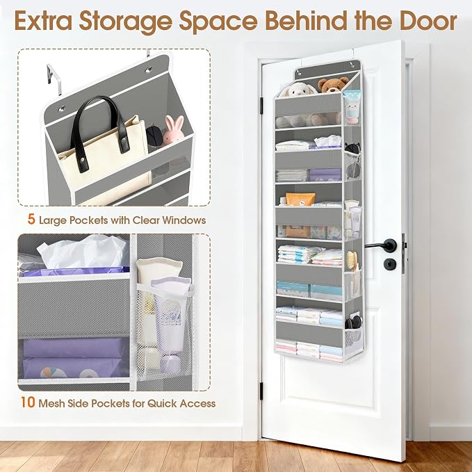 WISELIFE Over the Door Organizer Storage with 5 Large Pockets and Clear Windows, Hanging Organizer for Nursery Bedroom Bathroom Pantry Closet and Baby Essentials, Grey