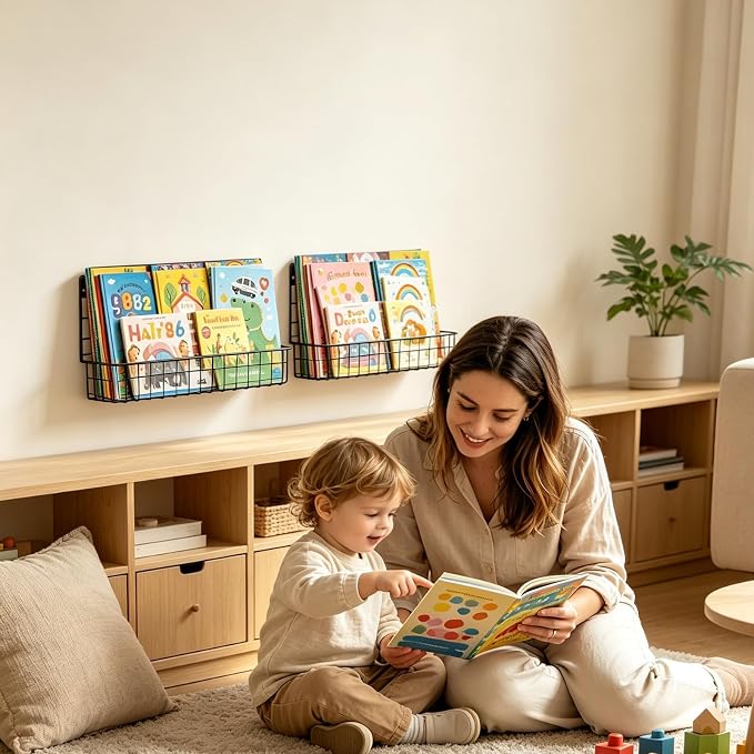 X-cosrack Floating Book Shelves for Wall Kids Bookshelf,Metal Hanging Wall Mounted Shelf for Nursery Toddler, Kids Room, Classroom,Set of 6,Black,2 Sizes