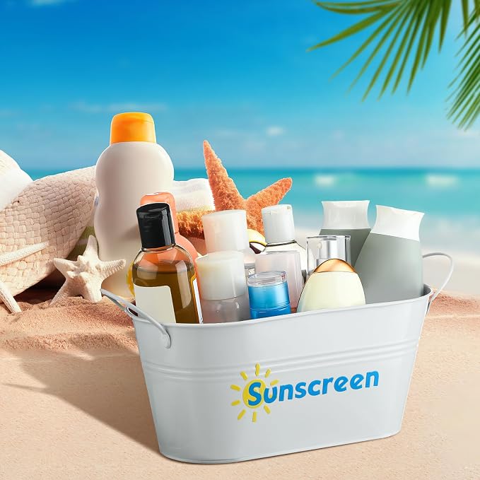 Blulu 1 Pcs Sunscreen Storage Bucket Summer Beach Basket Pool Poolside Box Container Swimming Pool Decor Waterproof Rust-proof Metal Bins for Indoor Outdoor Sunblock Toy Tools Goggles Accessories