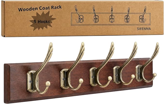 Wall Mounted Coat Rack with Solid Wood, 5 Bronze Metal Hooks – 19.6 Inch Rustic Brown Entryway Organizer for Hanging Coats, Hats, Jackets, Scarves, Bags, for Hallway, Bedroom, Bathroom（5Hooks）