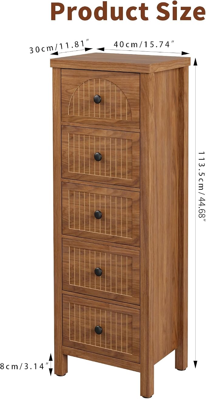 Lxsxlome 5 Drawer Dresser for Bedroom,Modern 44.68'' Tall Wood Chest of Drawers, Storage Organizer with Fluted Panel & Anti-Tip Kit for Closet, Hallway, Living Room,Nursery (Walnut, 5 Drawers)