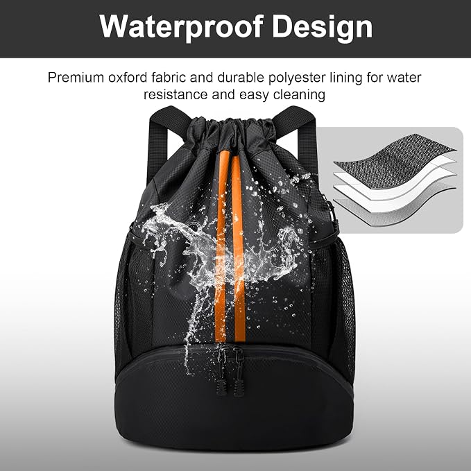 Hoedia Sports Drawstring Backpack - Swim Gym Bag for Women and Men | String Bag with Shoes Compartment and Wet Proof Pocket, Adjustable Wider Shoulder Strap, For Soccer, Basketabll, Volleyball