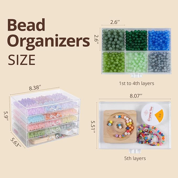 CLUQMEIK 5-Tier Large Bead Organizer Box, Acrylic Jewelry Storage Bead Containers with 5 Drawers, Suitable for Bracelet Making DIY Storing Beads Jewelry Rock Buttons.