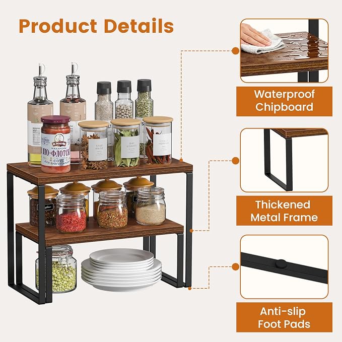 Giikin Kitchen Countertop Organizer, Set of 2 Spice Rack Cabinet Organizer Shelf, Stackable Corner Counter Shelf for Pantry, Coffee Station, Rustic Brown
