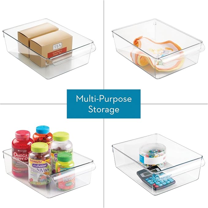 iDesign Fridge Storage Bin with Handle, Set of 4, Clear | Fridge Tray, For Cheeses and Snacks