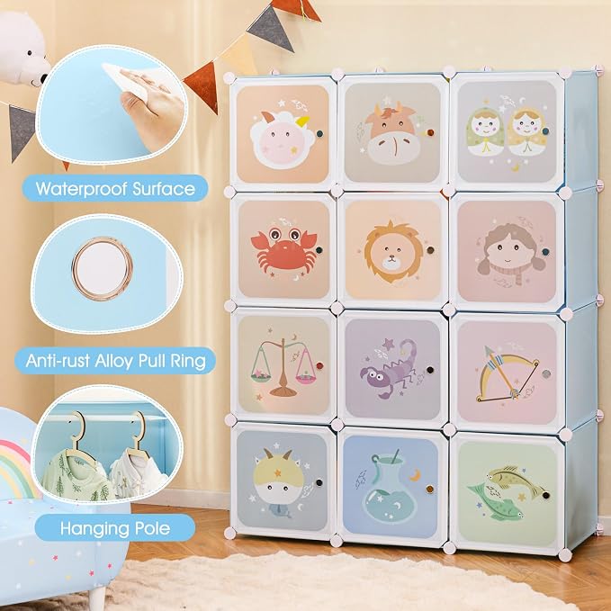 INFANS Children Wardrobe, Kid Closet Portable Baby Dresser Cute for Kids Bedroom Nursery Armoire with Doors 12 Cube 2 Hanging Sections, Kid Clothes Storage Organizer (Pink, 12 Cubes)