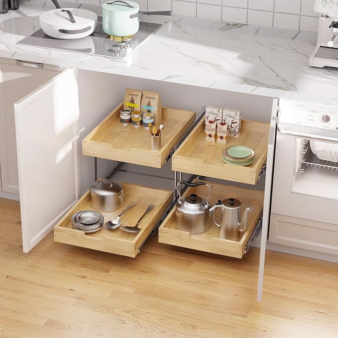 Sikarou Wood Pull Out Cabinet Organizer 2 Tie 26" W x 21" D, Heavy-Duty Sliding Drawers for Inside Cabinets Storage and Organization for Kitchen, Pantry, Bathroom