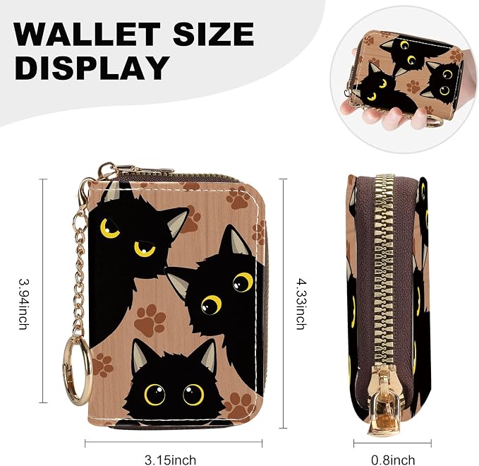 Credit Card Holder for Women,Small Rfid Wallet with Keychain Zipper,Cute PU Leather Card Case Wallet，Accordion Credit Card Wallets Gift,Three Black Cats