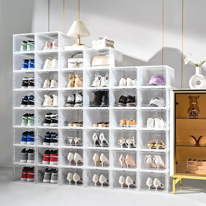 Large Shoe Boxes Clear Plastic Stackable，Drop Front Shoe Box with Clear Door, Shoe Containers For Sneaker Display,Fit up to US Size12