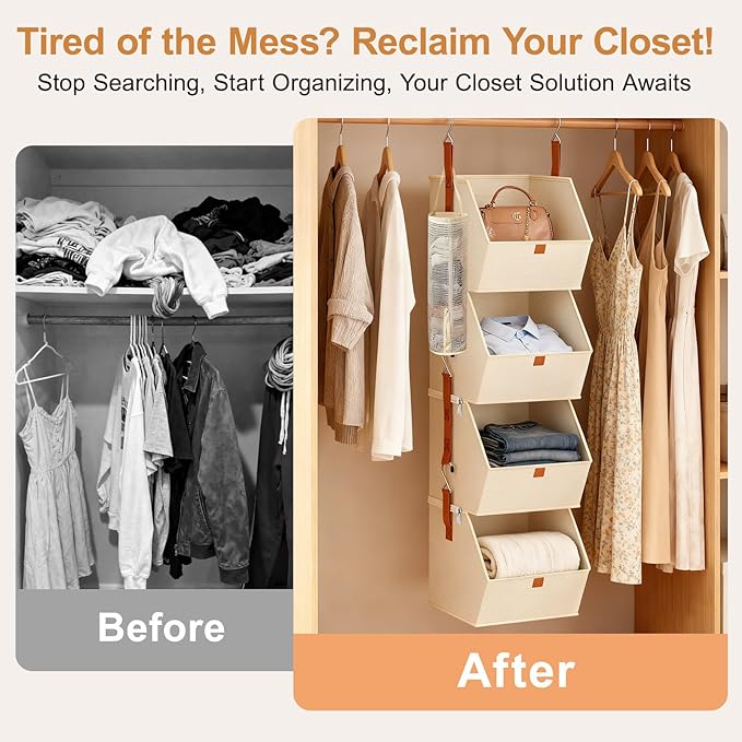 4 Tier Hanging Closet Organizer with Socks Storage Mesh Bag - Space Saving Storage Shelves for Closet, Wardrobe, Fabric Storage Bins for Dorm Rooms, Bedroom (Beige)