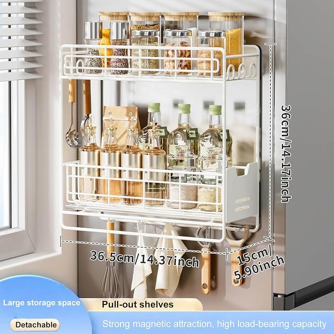 Magnetic Shelves for Fridge with Sliding Shelf, White Magnetic Spice Rack for Refrigerator, Magnetic Refrigerator Side Shelf with 5 Hooks, Magnetic Hanging Shelf for Laundry Room