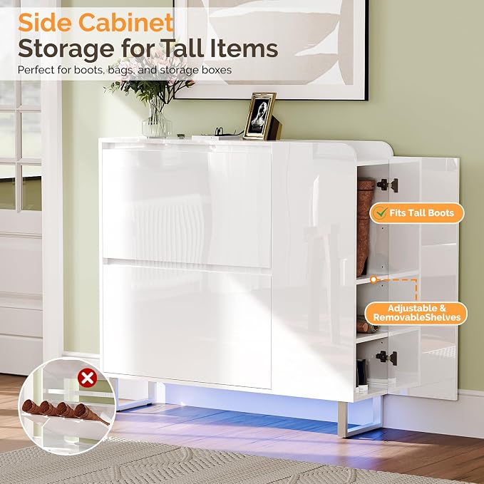 VINGLI Modern High Gloss Shoe Cabinet with LED Lights, Narrow Shoe Storage Organizer with 2 Flip Drawers & Side Cabinet for Tall Boots, Slim Entryway Space Saving, 42", White