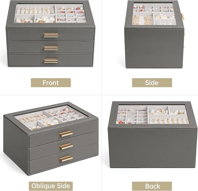AKOZLIN Jewelry Box with Clear Lid Functional Leather Jewelry Storage Organizer Case 3 Drawers for Women Girls Necklace Ring Bracelet Earring