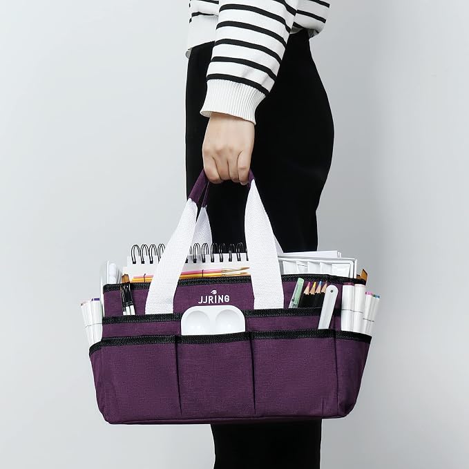 JJRING Craft Organizer Tote Bag, Art Storage Caddy with Multiple Pockets, Deep Purple Sewing Bag for Art, Craft, Scrapbooking, Medical, and Office Supplies Storage