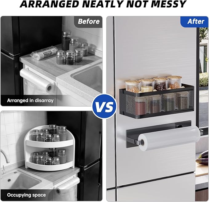 Magnetic Spice Rack for Refrigerator with Magnet Paper Towel Holder, Heavy-Duty Magnetic Shelf for Fridge, 2-in-1 Organization Shelf Sets for Kitchen, Washing Machine & Fridge Side, Black