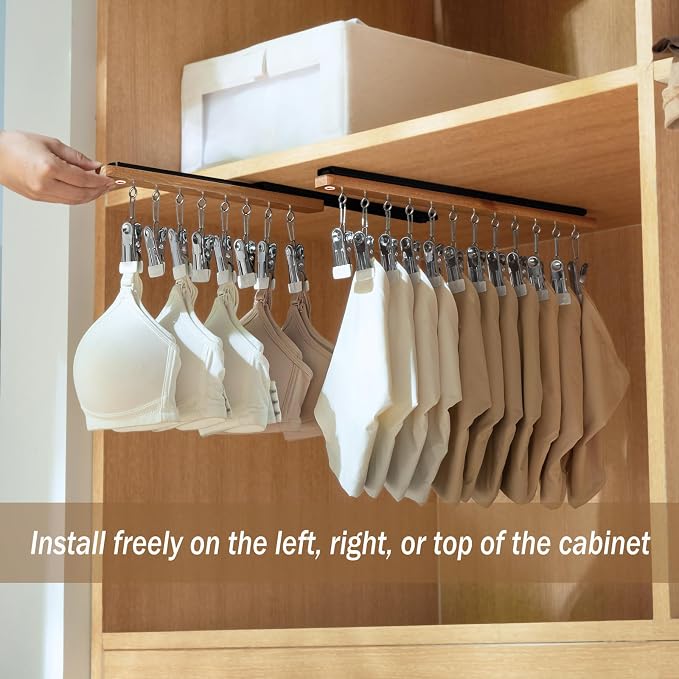 Pull Out Hat Rack for Closet, Sliding Hooks Hanger Rack with Clips for Bras Caps Underwear Socks Scarves Gloves Handkerchiefs, Dual Side 8 Clips Rail, 2 Pcs