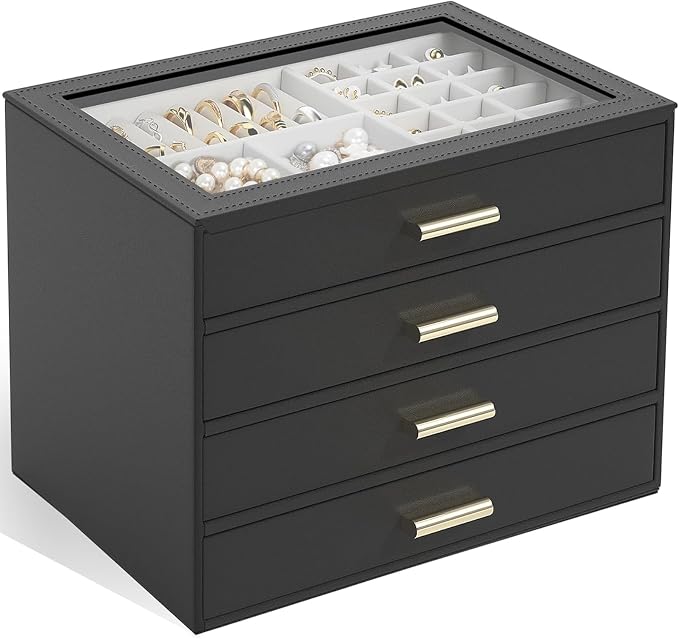 AKOZLIN Jewelry Box with Clear Lid Functional Leather Jewelry Storage Organizer Case 4 Drawers for Women Girls Necklace Ring Bracelet Earring