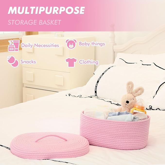 Sea Team Oval Cotton Rope Storage Basket with Lid, Lidded Woven Storage Bin, Nursery Storage Container, Diaper Caddy, Baby Shower Basket, Box, Organizer, 15 x 11 x 6.5 Inches (Medium, Pink)