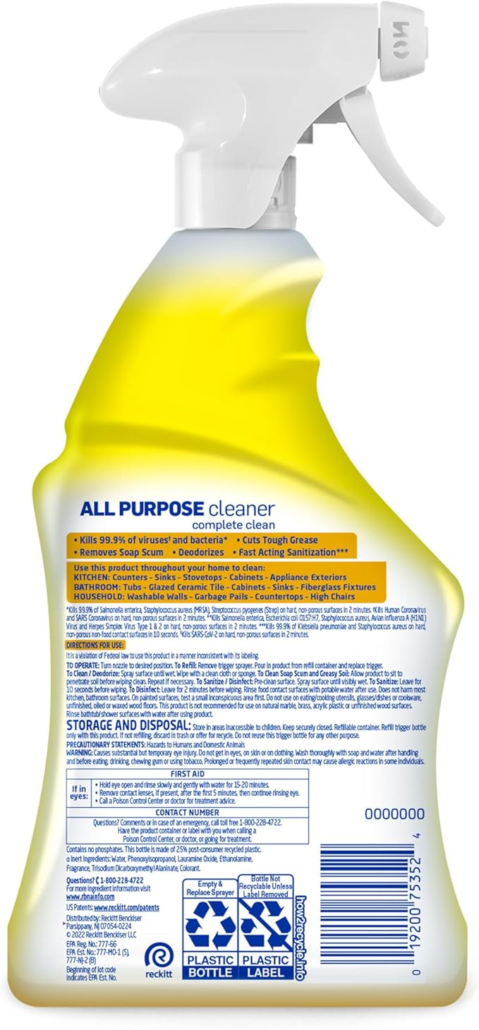 Lysol All Purpose Cleaner Spray, Multi-Purpose Disinfecting Spray, Kitchen & Bathroom Cleaner, Lemon Breeze Scent, 32 Fl Oz