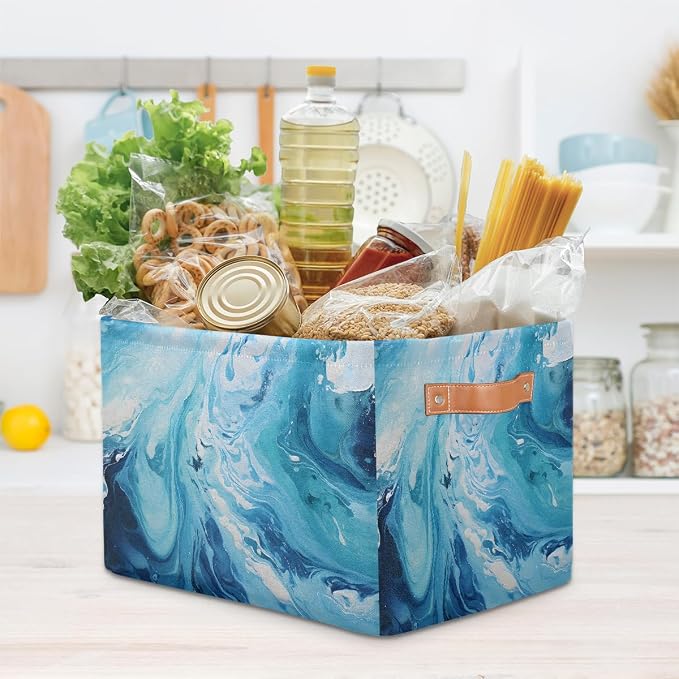 Rectangle Storage Baskets for Shelves, Blue Marble Storage Cube Organizer Bins Collapsible Toy Basket for Nursery Home Room
