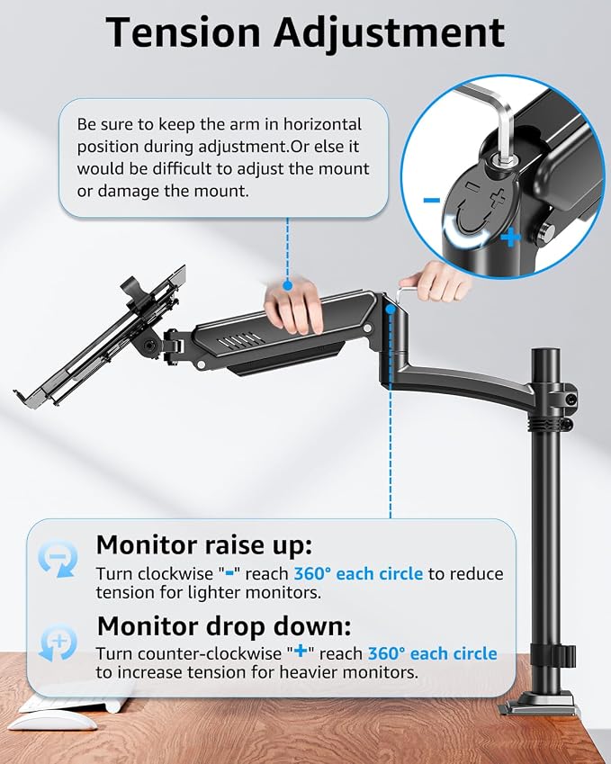 MOUNTUP Laptop Desk Mount, Adjustable Laptop Stand for max 17" Notebook or 32" Monitor, Laptops Arm Mount for Desk Holds 4.4-22lbs, Tall Laptops Stand with Clamp/Grommet