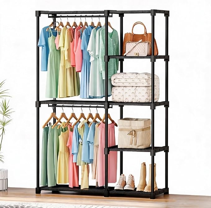 OLIXIS Heavy Duty Clothes Rack, Portable Wardrobe Closet, 49" L, Black | Freestanding Closet Organizer with Hanging Rods, Clothes Rack with Shelves, for Cloakroom, Bedroom